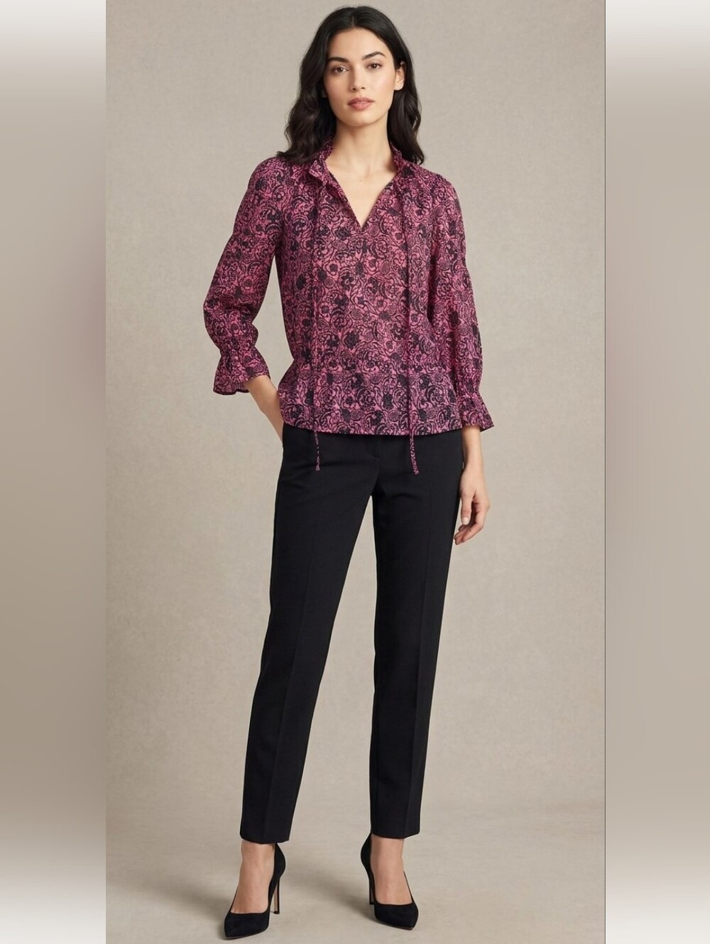 Derek Lam 10 Crosby Pink Floral Print Cotton Tie Neck Blouse Shirt Top! Size 4